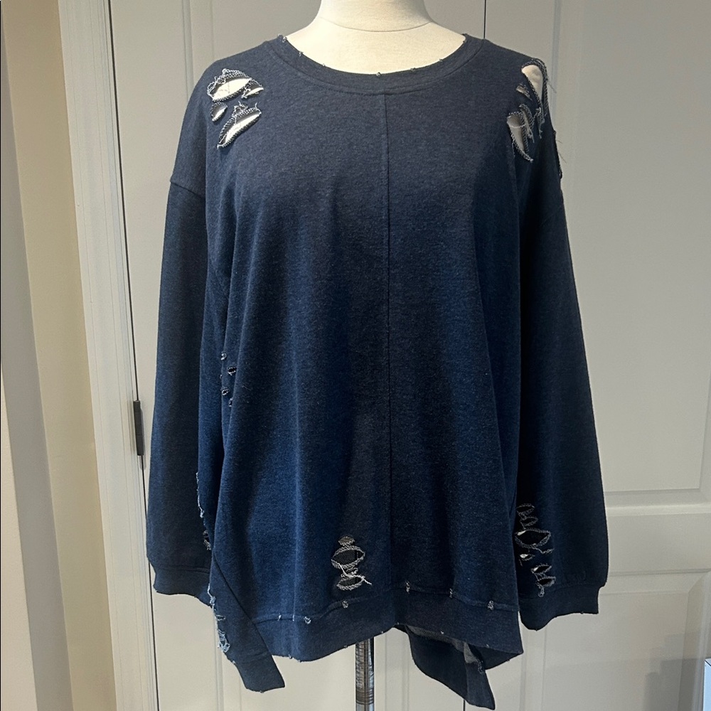 She + Sky Distressed Navy Blue Sweater